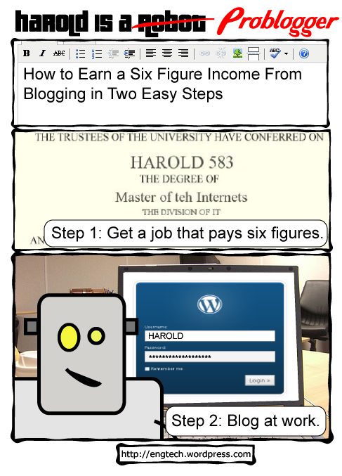 harold is a robot, comic, cartoon, web comic, robots wordpress, blog, blogs, blogging, problogger, career, money, income, profession, job, seo, smo, adsense